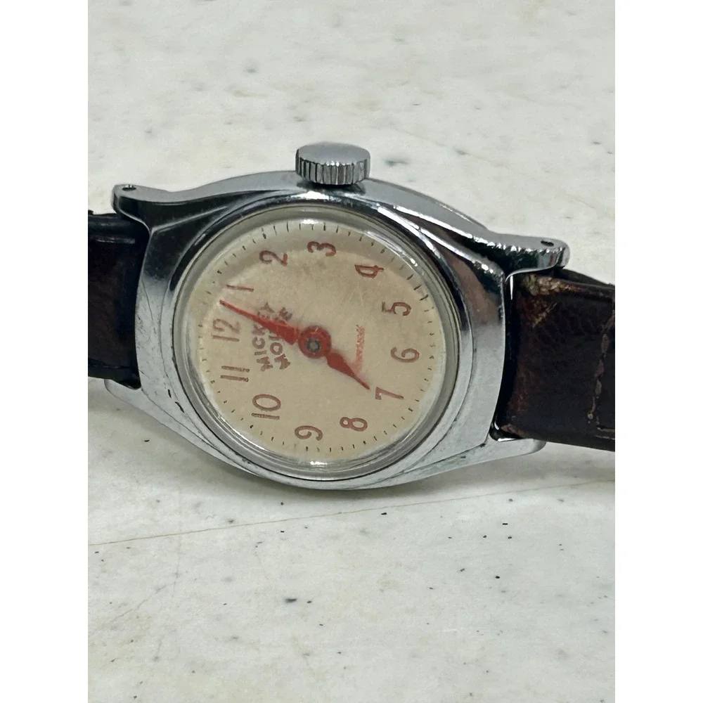 Vintage Mickey Mouse Watch‎ US Time Manual Wind Chrome Bezel Brown Leather Strap